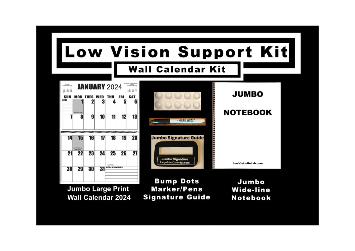 Low Vision Support Kit Wall Calendar includes Jumbo Wall Calendar, Jumbo Widelined Notebook